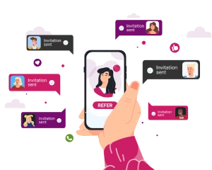 An illustration of a hand holding a smartphone with various social media invitation notifications around it.