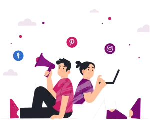 An illustration of a man and woman sitting back-to-back, using a megaphone and a laptop, with social media icons above them.